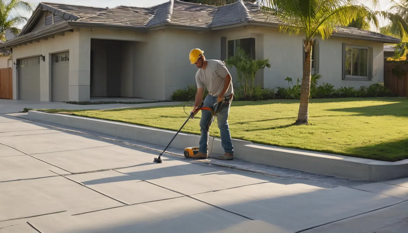 Fresh concrete driveway being finished beside a single-story block home in the Cutler Bay area